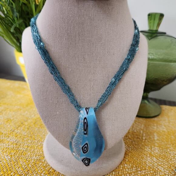 Blue glass beaded pendant necklace and earrings multi strand chain - Picture 2 of 11